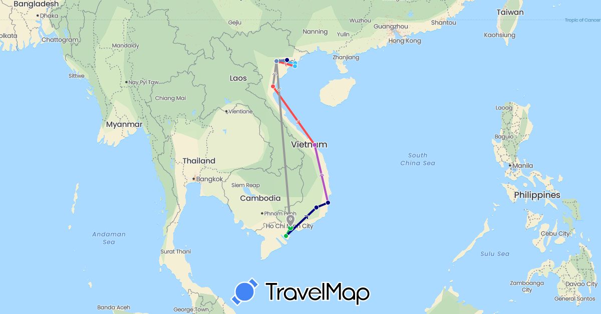 TravelMap itinerary: driving, bus, plane, cycling, train, hiking, boat in Vietnam (Asia)